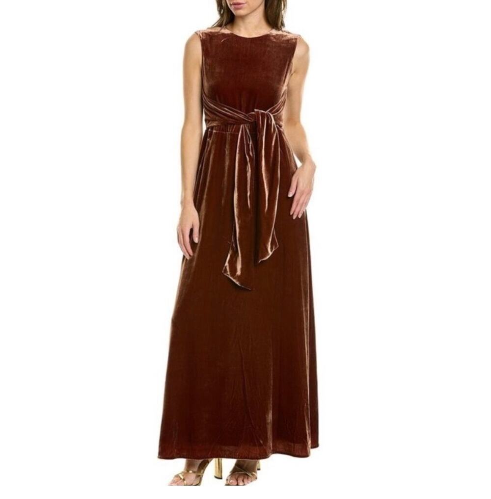 NWT Lafayette 148 Talana Velvet Silk Blend Maxi Dress Brown 38 Wrap Waist Lined